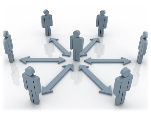 A person in the center with 6 double sided arrows pointing to other people standing in a circle
